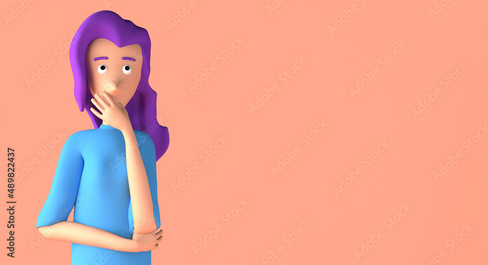 Portrait of young woman thinking and having doubts. 3D illustration. Copy space. Portrait of young woman thinking and having doubts. 3D illustration. Copy space.