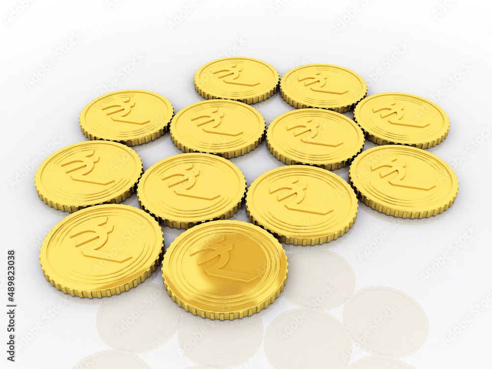 Rupee currency with gold coin.3D rendering illustration