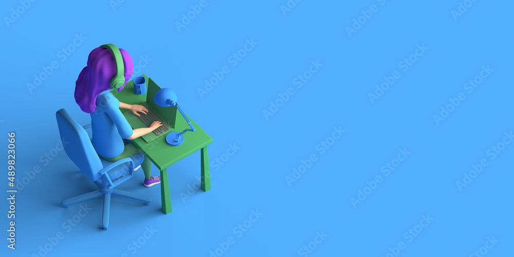 Woman working with laptop computer. Freelance. Teleworking. Copy space. 3D illustration. Cartoon. Woman working with laptop computer. Freelance. Teleworking. Copy space. 3D illustration. Cartoon.