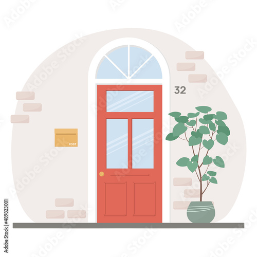 Retro vintage front doors. Vector illustration on white isolated background. Flower in a pot
