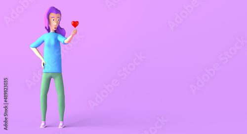 Young woman holding a heart floating on fingers. 3D illustration. Copy space. © Rodrigo