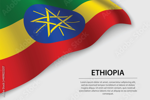 Wave flag of Ethiopia on white background. Banner or ribbon vector template