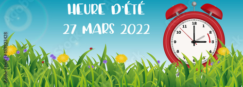French summer time change in 2022, illustration banner with spring flowers and clock changing