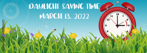American Daylight Saving time change in 2022, illustration banner with spring flowers and clock changing