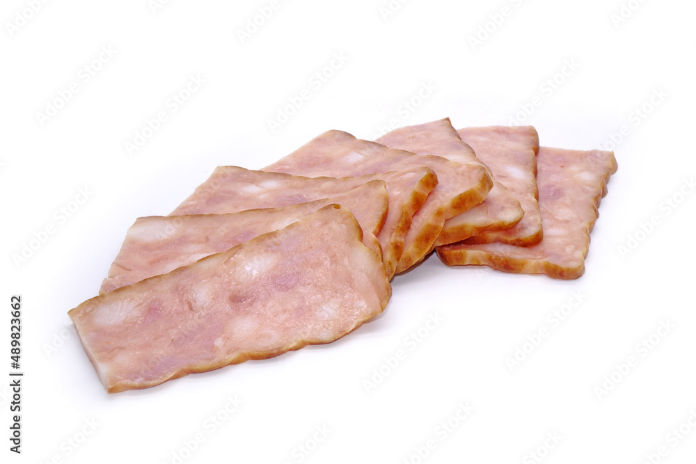 Minced smoked pork slices, thick cut marble bacon isolated on white background Minced smoked pork slices, thick cut marble bacon isolated on white background