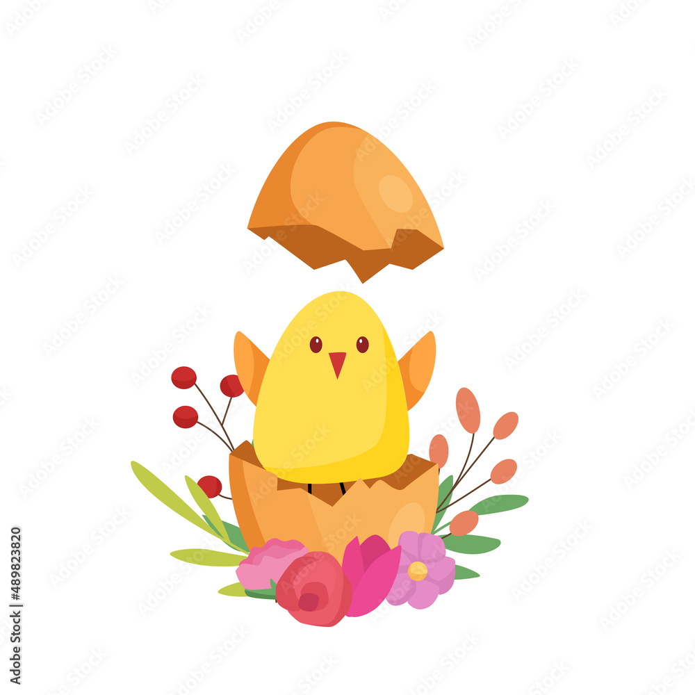 Cute chick in shell and flowers for easter design. Vector cartoon