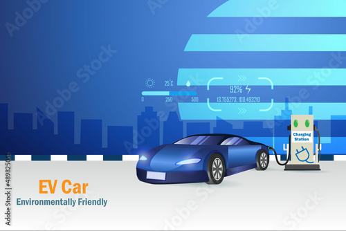 EV car, Electric vehicle charge battery at charging station with city background.Sustainable green and clean energy resources to environment and nature. Alternative energy in transportation technology