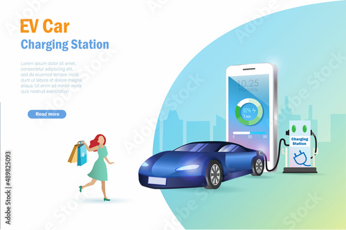 EV car, Woman shopping while waiting electric vehicle charging battery at station with smart phone status.