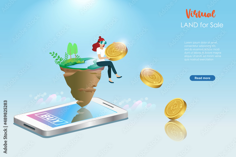 Metaverse virtual land for sale, Futuristic real estate investment, financial technology in VR world. Woman sit on virtual land for sale on smartphone screen with falling crypto currency coins. - obrazy, fototapety, plakaty 