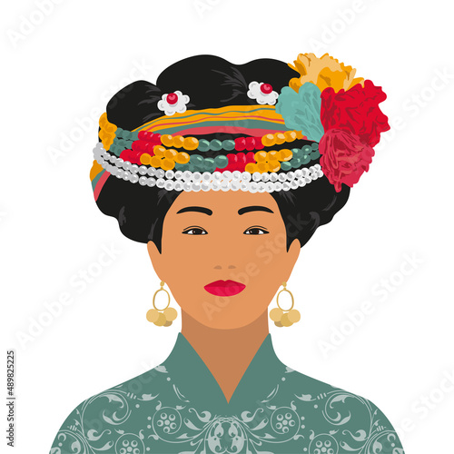 Portrait of an Mosuo women in China.Vector illustration in a flat style isolated on a white background.