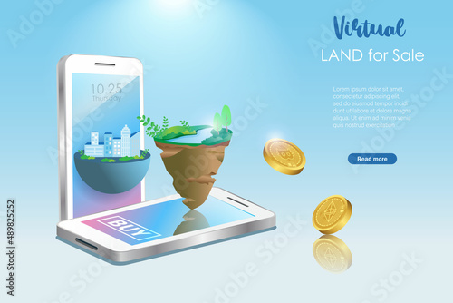 Metaverse virtual land for sale on smart phone with falling crypto coins. Digital real estate and virtual property investment technology in metaverse augmented cyber space environment.