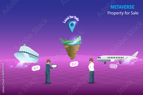 Metaverse airplane, cruise ship and land for sale, virtual real estate and property investment technology.  Businessman buy property for sale in metaverse cyber space futuristic environment background
