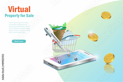 Metaverse virtual land, real estate and property for sale. Shopping cart full of virtual luxury airplane, cruise ship and buildings on smart phone. Virtual investment technology.