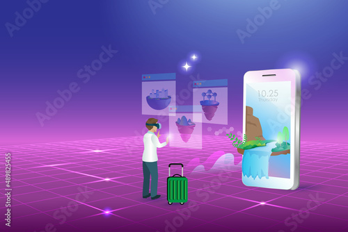 Metaverse virtual travel, sightseeing guide for virtual trip  technology in cyber space futuristic environment background. Man wear google glass experience interface 3D journey simulation.