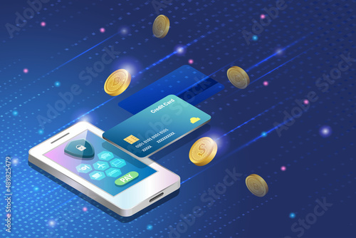 Smart payment, credit card online payment with crypto currency coins, secure transaction on smart phone. Financial security in digital online and global network connecting, cyber security technology.