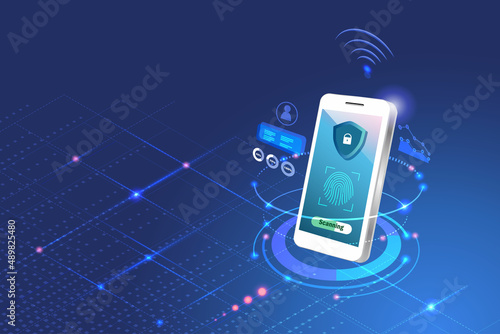 Biometrics security, fingerprint scanning on smart phone to access financial data and investment. Innovation security in digital online technology for customer protection concept.