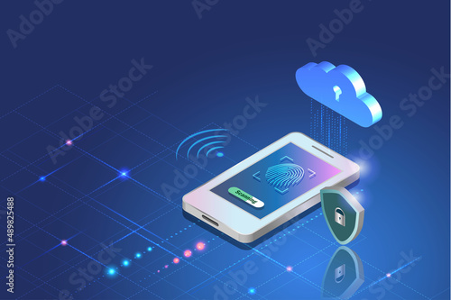 Biometrics security, fingerprint scanning sccess to cloud computing on smart phone. Innovation security in digital online technology concept.
