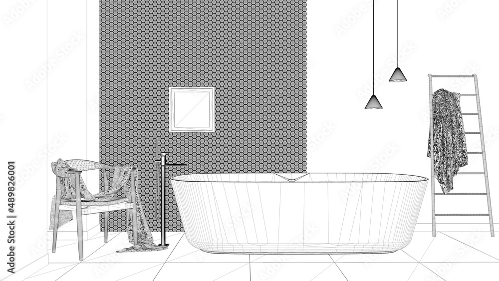 Fototapeta premium Blueprint project draft, modern minimalist bathroom, freestanding bathtub, mosaic hexagonal pastel tiles, armchair with fur, contemporary interior design showcase concept idea
