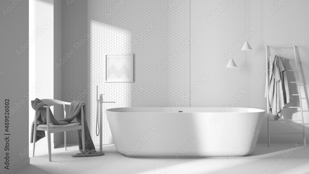 Total white project draft, modern minimalist bathroom, freestanding bathtub, mosaic hexagonal pastel tiles, armchair with fur, contemporary interior design showcase concept idea Total white project draft, modern minimalist bathroom, freestanding bathtub, mosaic hexagonal pastel tiles, armchair with fur, contemporary interior design showcase concept idea