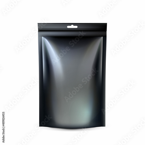 Bag black pouch zip pack. Coffee foil black mockup. Stand doypack design. Matte plastic blank. vector realistic illustration