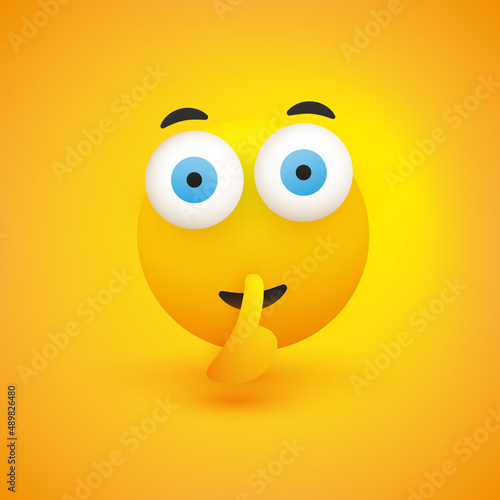 Shushing Serious Face with Big Open Eyes Gesturing - Asking for Be Quiet, Lower Your Voice, Make Silence - Simple Emoticon for Instant Messaging on Yellow Background - Vector Design Illustration