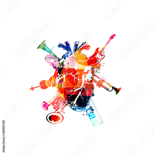 Love and passion for music background. Human heart with colorful musical instruments poster for live concert events, music festivals and shows, party flyers vector illustration