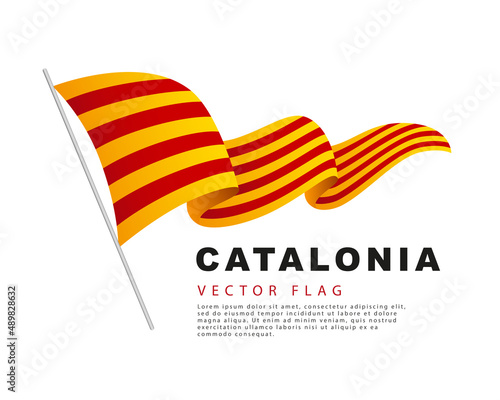 The flag of Catalonia hangs on a flagpole and flutters in the wind. Vector illustration isolated on white background.