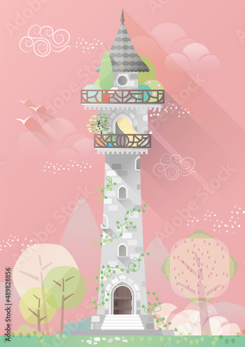 Tour du château médiéval de la princesse du conte Raiponce Rapunzel, illustration couleurs douces,balcon avec plantes, style flat design avec ombre portée, vecteur adaptable, histoire pour les enfants