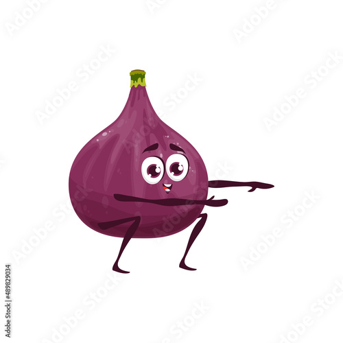 Cartoon fig fruit character. Happy smiling ripe fruit personage with happy smiling face doing squats training, vector funny fig character. Comic food mascot doing doing fitness exercises