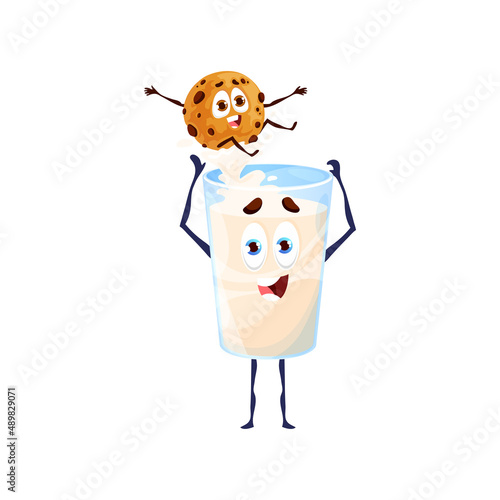 Glass of milk and cookie cartoon characters. Cheerful vector cup with cute pastry personages, sunny dessert jump into mug with dairy beverage. Isolated kawaii friends happiness and rejoice emoji
