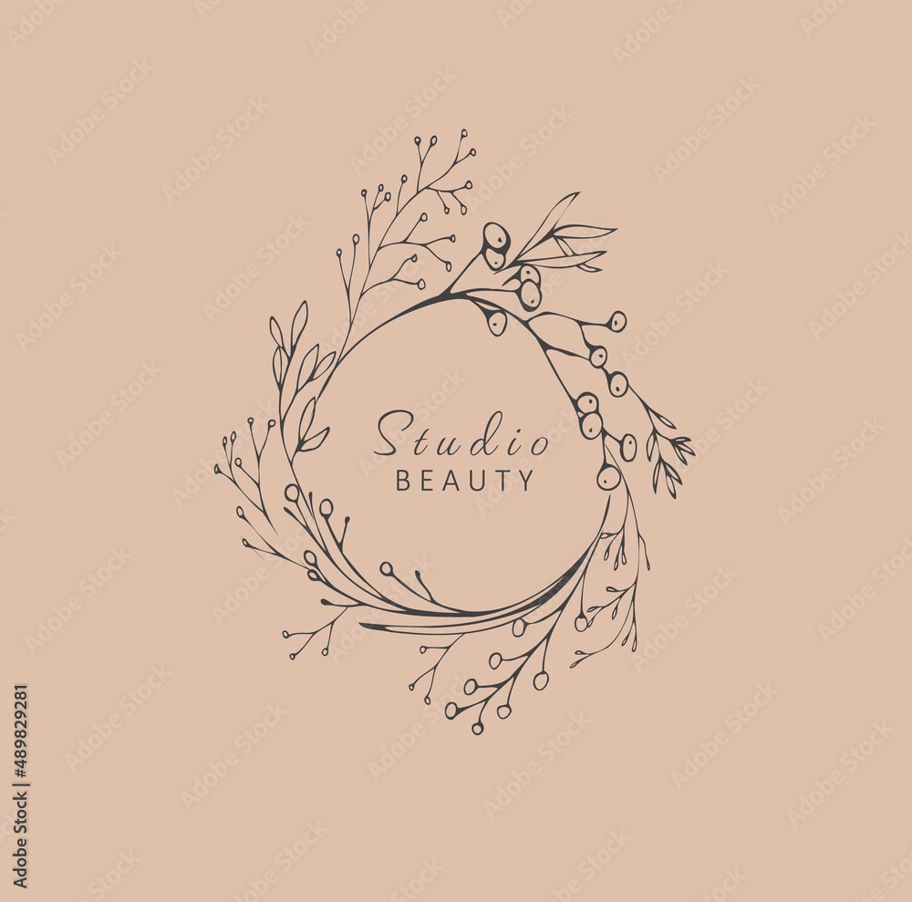 Minimal feminine floral monogram and logo. Hand drawn wedding herb, elegant leaves. Botanical rustic trendy greenery vector