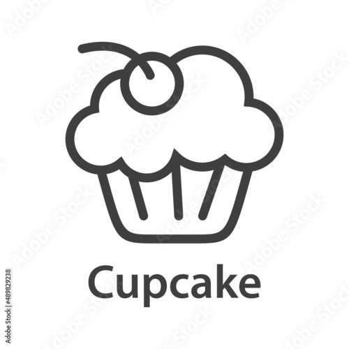 Logotipo con texto Cupcake con magdalena con cereza con líneas en color gris