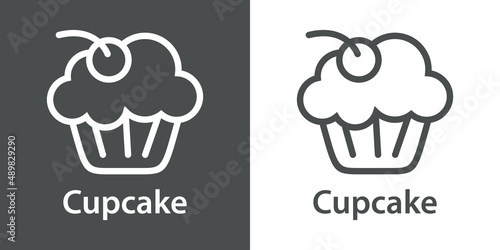 Logotipo con texto Cupcake con magdalena con cereza con líneas en fondo gris y fondo blanco