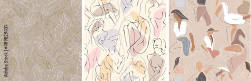 Vector seamless pattern with woman in minimal linear style Fashion illustration by femininity, beauty and modern art. Abstract poster and t-shirt print Vector