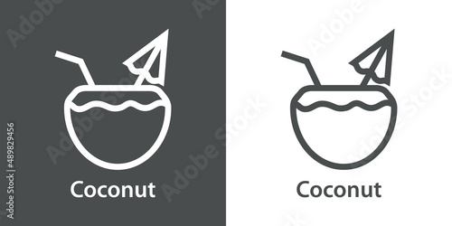 Beach bar. Logo bebida de agua de coco. Banner con texto Coconut con coco con parasol con líneas en fondo gris y fondo blanco