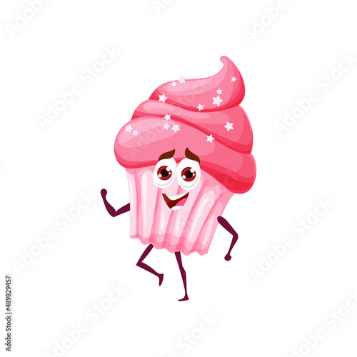 Cartoon pink cupcake character. Comic dessert mascot, isolated vector happy smiling sweet pastry with cream swirl personage. Cute cupcake childish character dancing or walking
