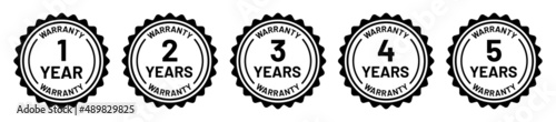 Warranty icon set, containing 1, 2, 3, 4 and 5 years seal guarantee certificate symbol isolated on white background. photo
