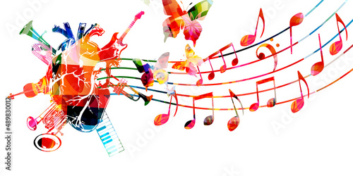 Love and passion for music background. Human heart with colorful musical notes and instruments poster for live concert events, music festivals and shows, party flyers vector illustration
