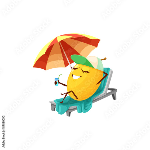 Cartoon cheerful tropical melon on beach lounger, vector fruit character on summer vacation. Funny melon personage with juice drink or cocktail tanning under sun umbrella at ocean beach