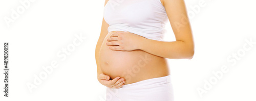 Close up pregnant woman isolated on white background