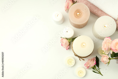 Cozy composition with candles  space for text