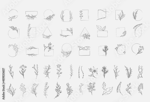 Floral branch and minimalist flowers for logo or tattoo. Hand drawn line wedding herb, elegant leaves for invitation save the date card. Botanical rustic trendy greenery