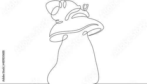 A snail crawls over a mushroom cap. Gastropod molluscs with external shell.Forest mushrooms in nature.Fresh organic food.One continuous line.Continuous line drawing.Line Art isolated white background.