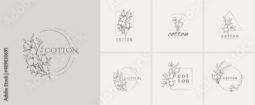 Cotton plant logo and branch. Hand drawn line wedding herb, elegant leaves for invitation save the date card. Botanical rustic trendy greenery