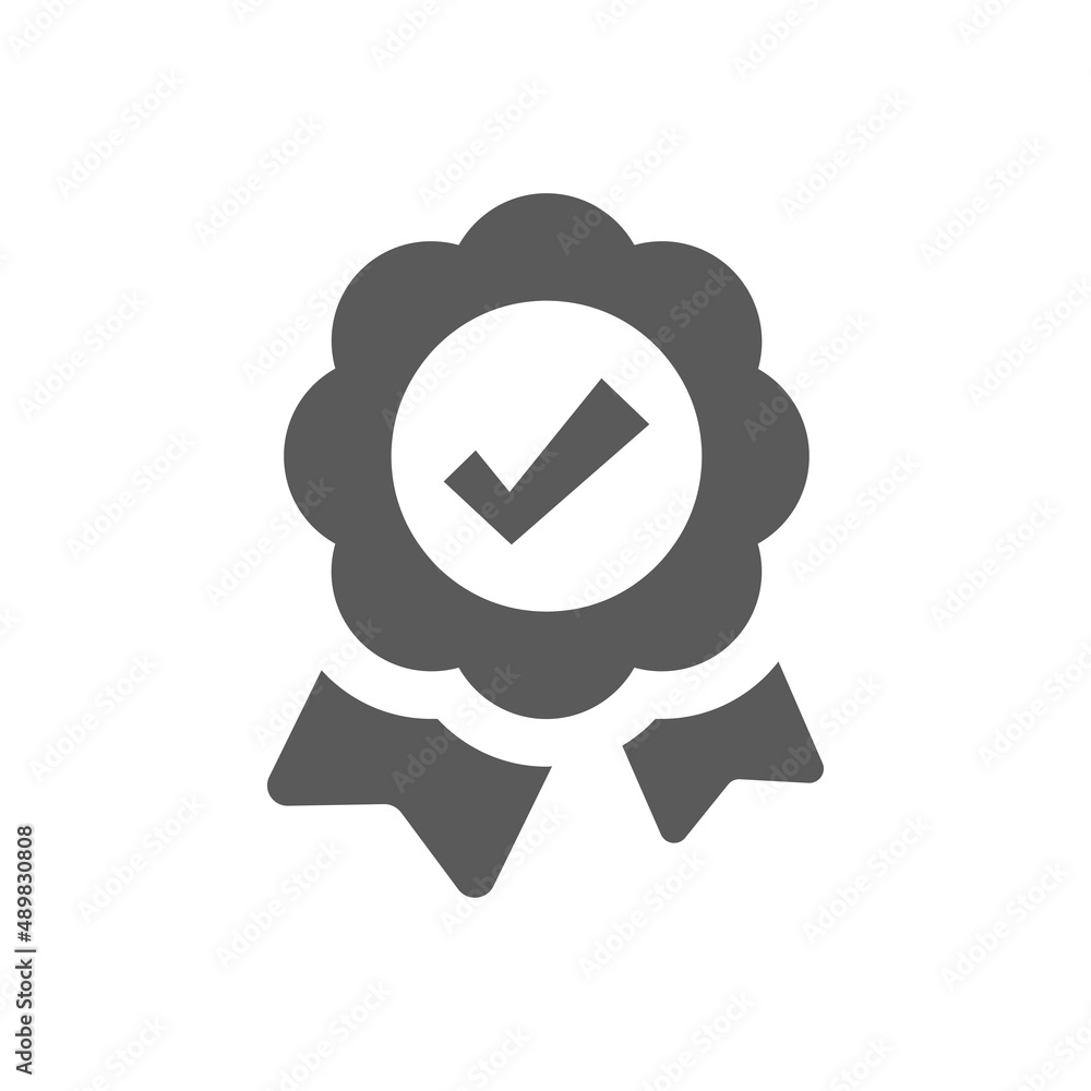 Quality award badge with ok or tick checkmark. Black vector filled ribbon icon. Quality award badge with ok or tick checkmark. Black vector filled ribbon icon.