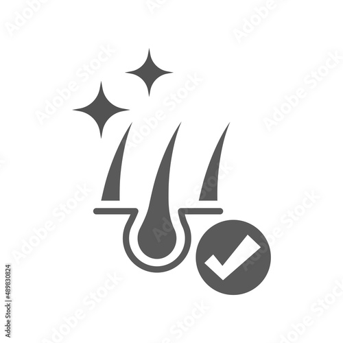 Healthy strong hair with checkmark icon. Black filled symbol.