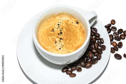 the netherlands, january 2022. A cup of coffee, coffee beans on a white background.