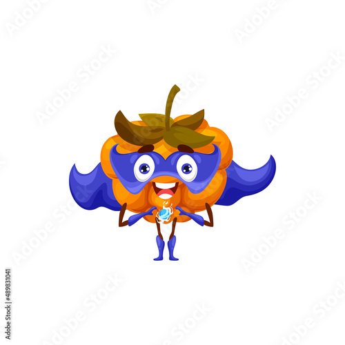 Cheerful cloudberry superhero character, cartoon vector funny berry in blue cape and mask holding power ball in hands. Brave plant super hero, vitamin fruit in cloak, fairytale healthy food personage