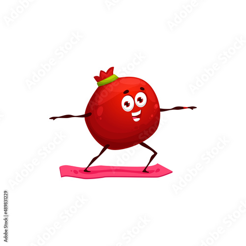 Fruit pomegranate doing sport exercise on yoga mat isolated cartoon character emoticon healthy lifestyle. Vector garnet stretching on yoga pilates, training at home or gym, exotic pomegranate mascot