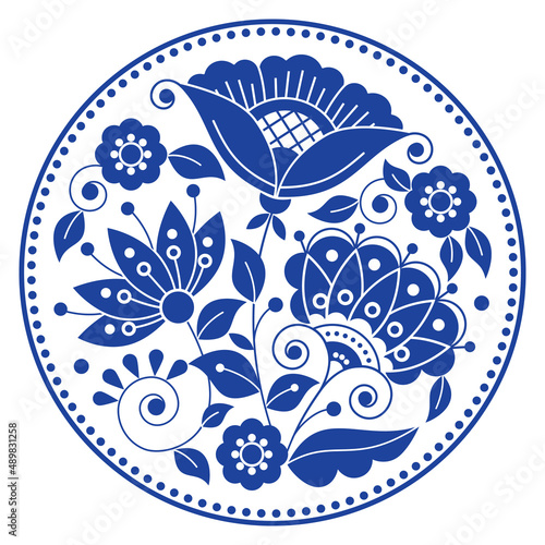 Swedish folk art vector mandala design pattern with flowers, leaves and swirls in frame inspired by the traditional embroidery from Scandinavia in navy blue
